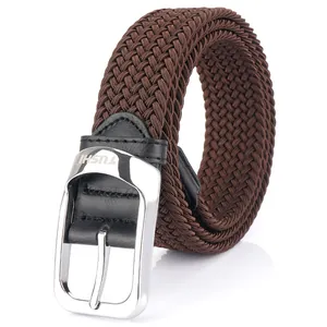 Elastic braided belt for men in dark brown with a polished silver metal pin buckle