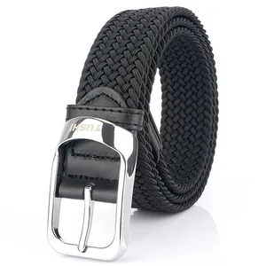 Elastic woven belt for men and women featuring silver pin buckle and black mesh texture