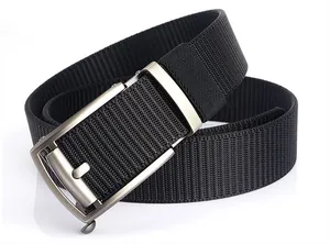 Close-up of quick-dry nylon belt with matte metal automatic buckle and textured weave