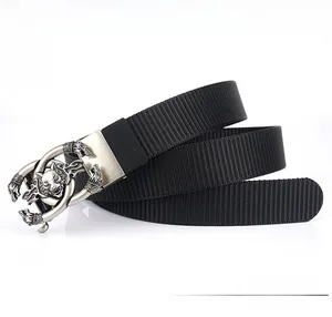 Detail of heavy duty nylon webbing and relief wolf head metal automatic buckle