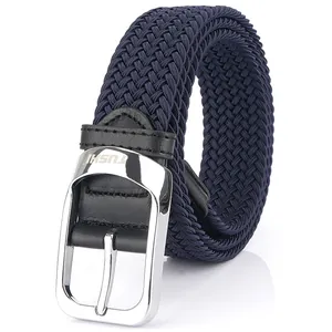 Navy blue woven elastic belt for men with silver metal buckle and black leather detail