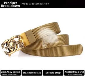 Detail of thickened tactical nylon belt with zinc alloy wolf head relief buckle