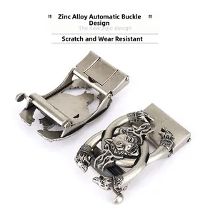 Detail showing vintage 3D wolf head zinc alloy automatic buckles with scratch resistance