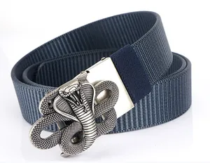 Detailed view of tactical nylon belt with vintage silver cobra shape metal buckle