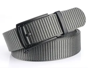 Close-up of matte black buckle and grey-black woven texture on the nylon belt