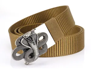 Tactical nylon belt with a vintage silver cobra buckle detail in khaki tan finish
