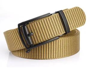 Detail of khaki nylon tactical belt with a matte black metal automatic buckle