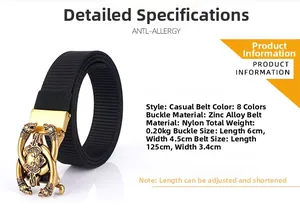Detail of a 125cm black nylon belt featuring a gold wolf head zinc alloy buckle
