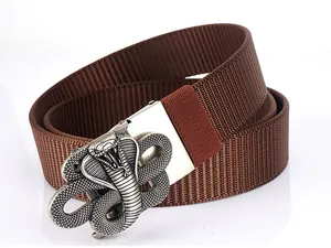 Close-up of brown nylon belt with a detailed zinc alloy cobra snake buckle design