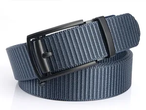 Close-up of grey-blue nylon woven belt featuring a matte black automatic metal buckle