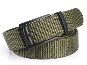 Detail of army green nylon tactical belt with matte black automatic metal buckle