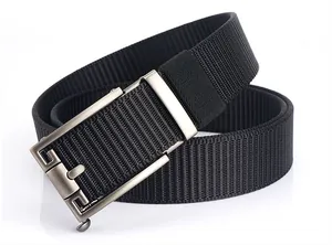 Detailed close-up of tactical nylon web belt with matte alloy automatic buckle