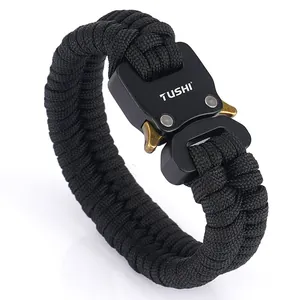 Outdoor paracord survival bracelet with a heavy-duty metal buckle and woven nylon core