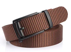Detail of the high-density woven nylon belt fabric and matte black automatic buckle