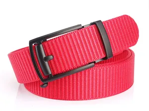 Close-up of red high-density nylon webbing belt with matte black automatic buckle