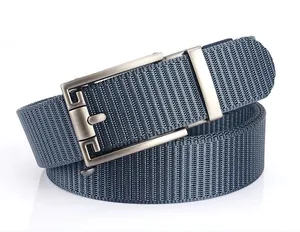 Detail of grey-blue woven nylon belt featuring a matte alloy automatic buckle