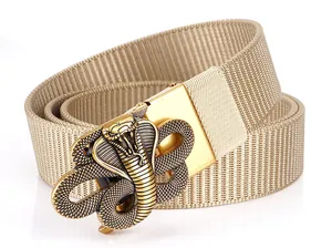 Detail showing the gold cobra buckle relief on high-density khaki nylon belt