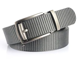 Close-up of grey quick-dry nylon belt with matte brushed metal automatic buckle