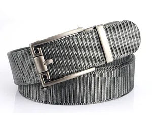 Close-up of gray nylon woven belt with brushed gunmetal automatic buckle detail