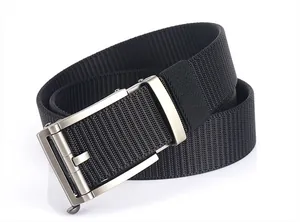Close-up of black breathable nylon belt with silver metal automatic buckle detail