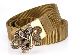 Close-up of khaki nylon webbing texture and golden cobra-shaped metal buckle on tactical belt