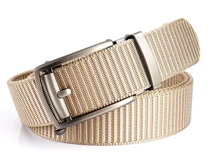 Close-up of khaki nylon woven belt featuring a textured strap and metal automatic buckle