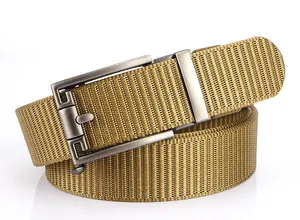 Detail of khaki nylon belt with brushed silver automatic alloy buckle and woven texture