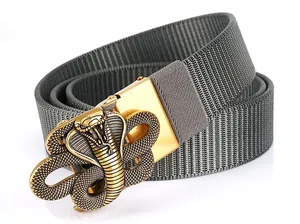 Detail of grey nylon belt with a golden cobra-shaped alloy buckle and woven texture