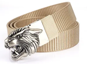 Detail of khaki nylon tactical belt with a realistic 3D silver tiger head alloy buckle