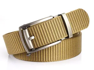 Detailed close-up of khaki nylon webbing texture and brushed alloy automatic belt buckle