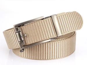 Close-up of khaki nylon woven belt with brushed silver automatic alloy buckle