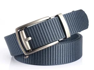 Detailed close-up of heavy-duty nylon woven belt with matte silver automatic slide buckle