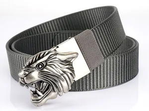 Detailed view of heavy-duty nylon belt with 3D tiger head alloy buckle in silver finish