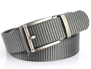 Close-up of men's nylon belt with grey-black texture and brushed metal automatic buckle