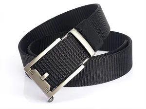 Detail of black nylon woven belt with matte metal automatic buckle and screw design