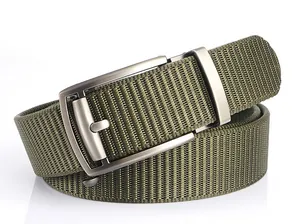 Close-up of military green nylon tactical belt with matte brushed metal automatic buckle