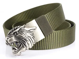 Close-up of military green nylon belt featuring a detailed 3D tiger head metal buckle