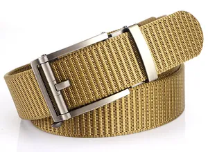 Detail of khaki nylon web belt with brushed silver automatic buckle on white background