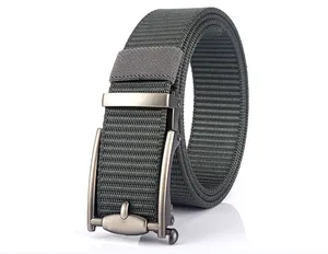 Close-up of matte grey alloy automatic buckle and high-density nylon tactical belt