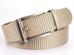 Detailed macro shot of khaki nylon webbed strap texture and matte metal slide buckle
