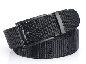 Close-up of black tactical nylon belt with textured matte alloy automatic buckle