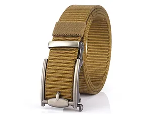Macro detail of military tactical nylon belt with matte gun-grey automatic metal buckle