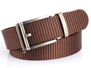Close-up of brown nylon woven belt featuring a brushed silver automatic metal buckle