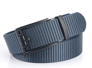 Detail of dark blue nylon belt featuring high-density weave and matte black buckle