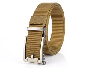 Detail of tactical nylon belt with automatic metal buckle and khaki woven texture