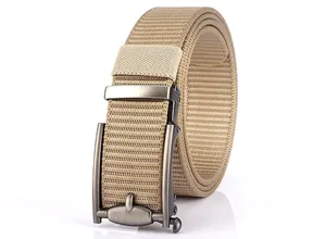 Macro detail of khaki nylon canvas belt with matte grey automatic buckle texture