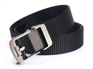 Close-up of men's black woven belt with brushed silver metal buckle and durable texture