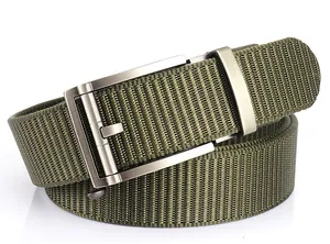 Macro detail of military green nylon tactical belt with brushed metal automatic buckle