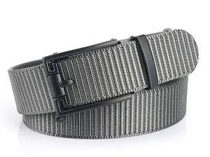 Detailed close-up of a nylon woven belt with textured black alloy automatic buckle