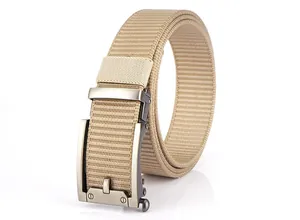 Detail of khaki nylon tactical belt showing high-density weave and brushed metal buckle